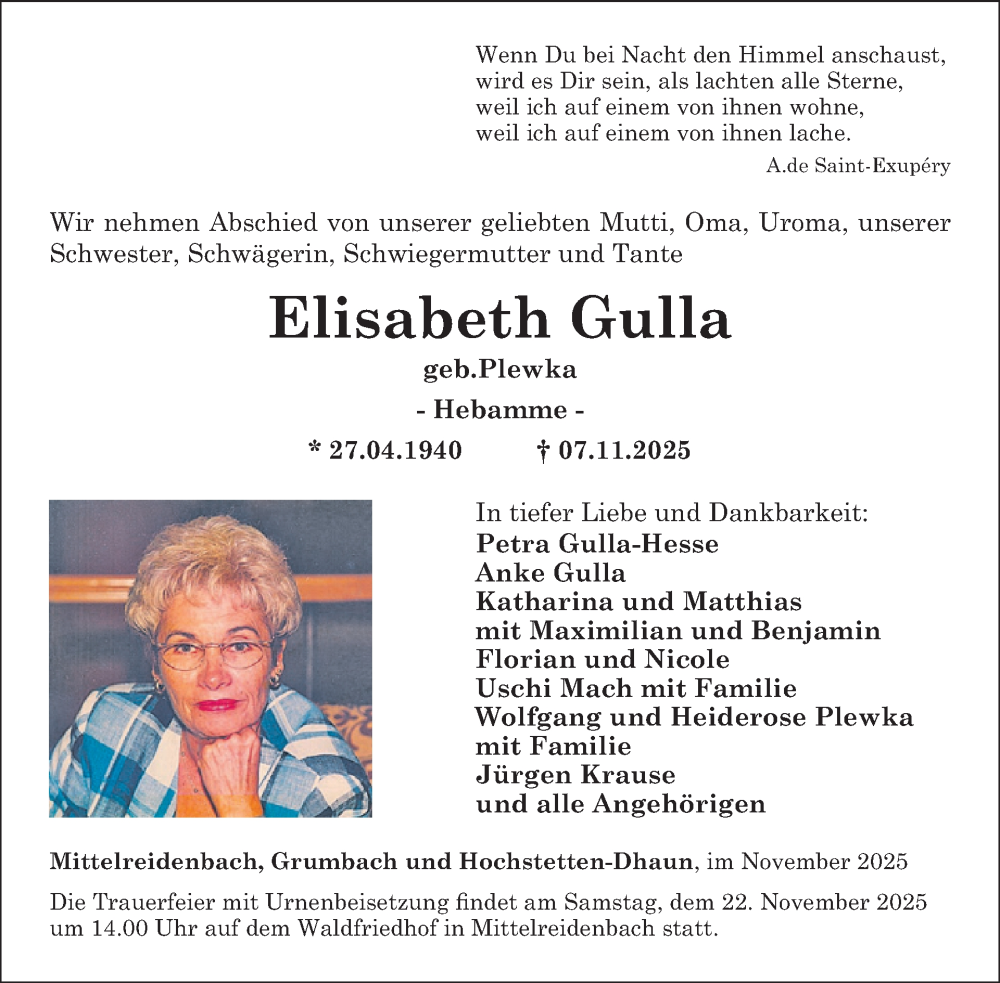  Traueranzeige für Elisabeth Gulla vom 15.11.2025 aus WochenSpiegel