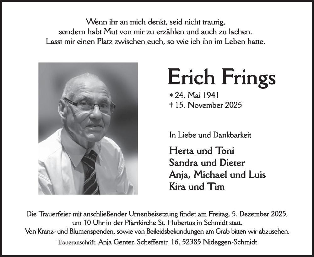  Traueranzeige für Erich Frings vom 26.11.2025 aus WochenSpiegel