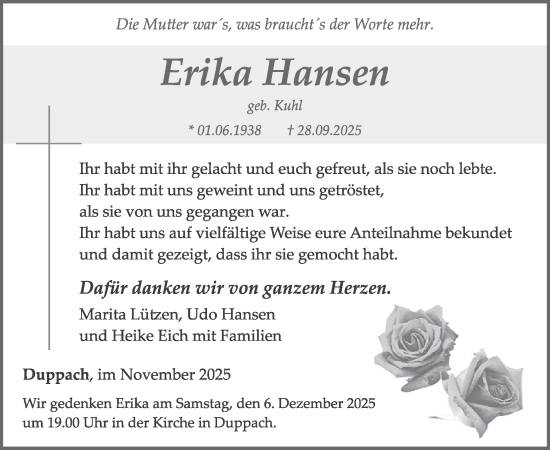 Traueranzeige von Erika Hansen von WochenSpiegel