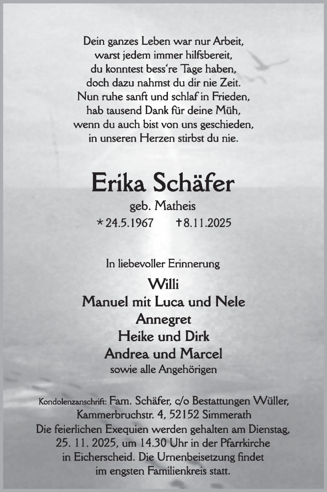  Traueranzeige für Erika Schäfer vom 19.11.2025 aus WochenSpiegel