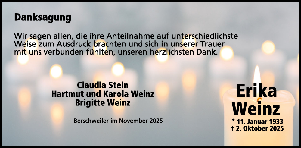  Traueranzeige für Erika Weinz vom 29.11.2025 aus WochenSpiegel