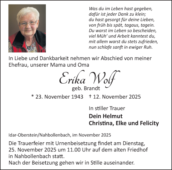 Traueranzeige von Erika Wolf von WochenSpiegel