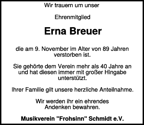 Traueranzeige von Erna Breuer von WochenSpiegel