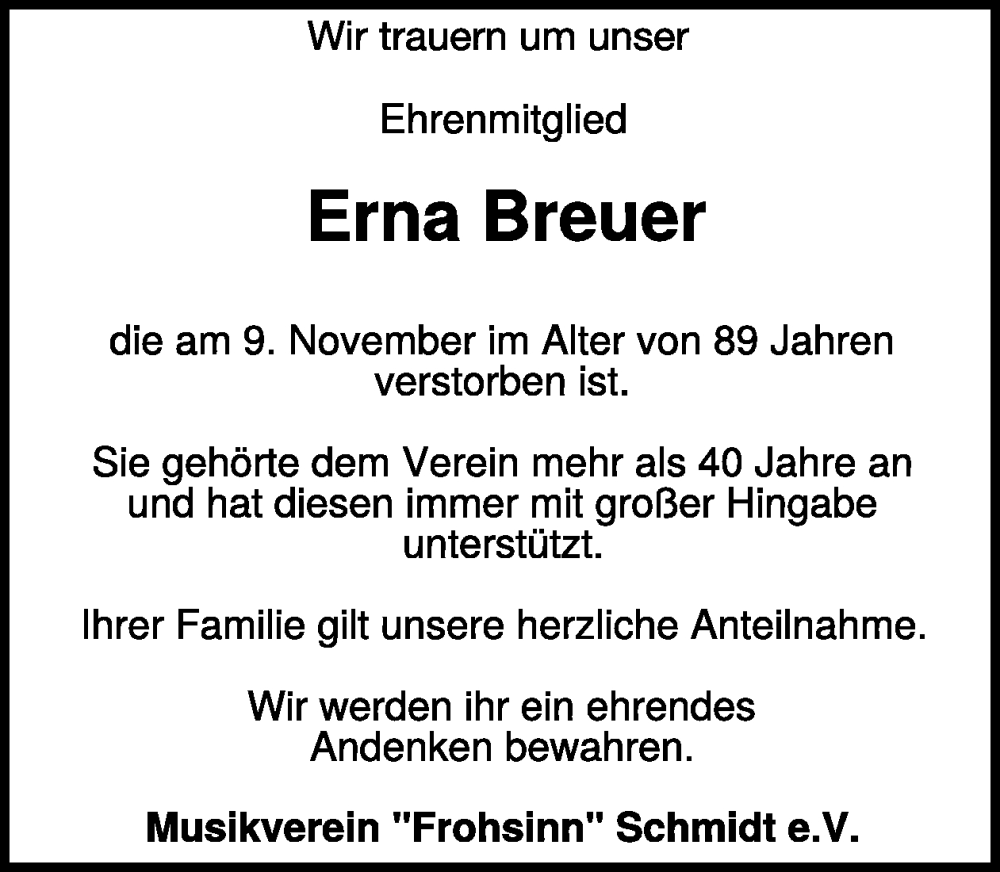  Traueranzeige für Erna Breuer vom 19.11.2025 aus WochenSpiegel