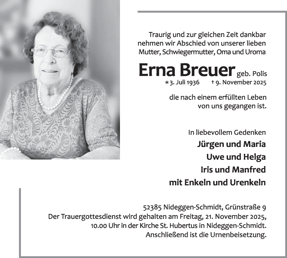  Traueranzeige für Erna Breuer vom 19.11.2025 aus WochenSpiegel