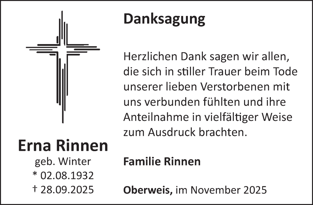  Traueranzeige für Erna Rinnen vom 28.11.2025 aus WochenSpiegel