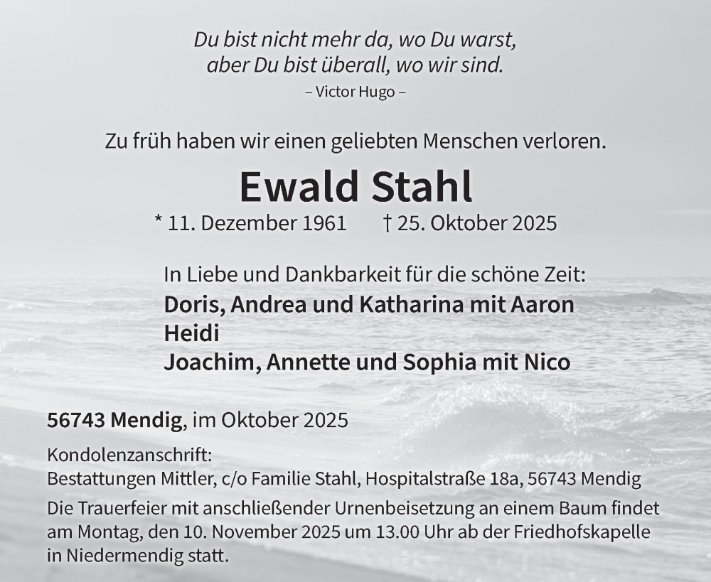  Traueranzeige für Ewald Stahl vom 05.11.2025 aus WochenSpiegel
