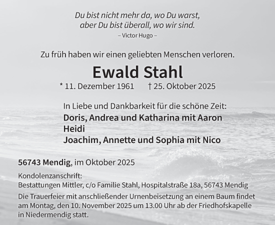Traueranzeige von Ewald Stahl von WochenSpiegel