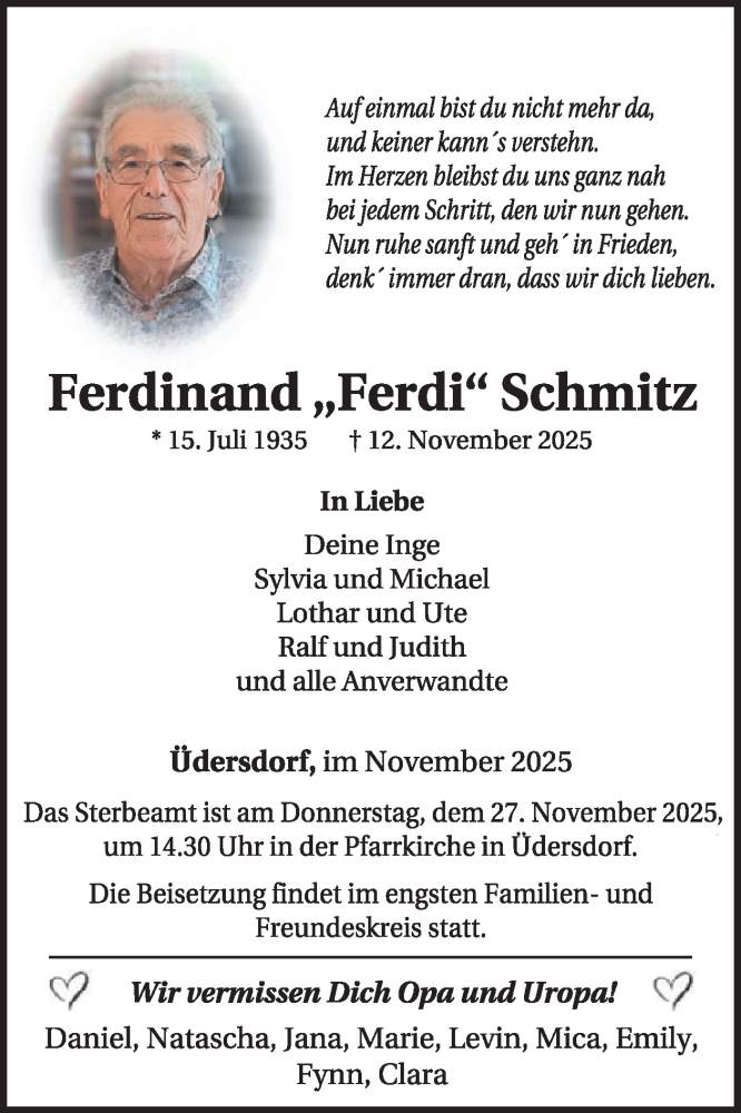  Traueranzeige für Ferdinand Schmitz vom 22.11.2025 aus WochenSpiegel