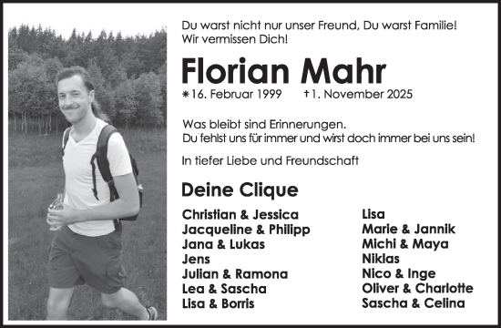 Traueranzeige von Florian Mahr von WochenSpiegel