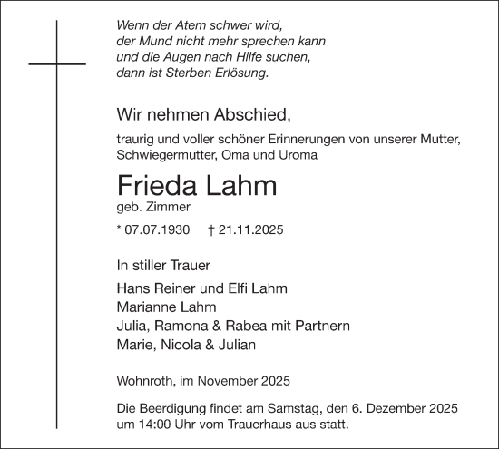 Traueranzeige von Frieda Lahm von WochenSpiegel