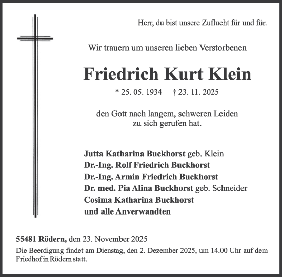Traueranzeige von Friedrich Kurt Klein von WochenSpiegel
