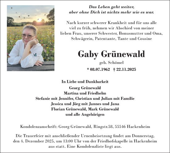Traueranzeige von Gaby Grünewald von WochenSpiegel