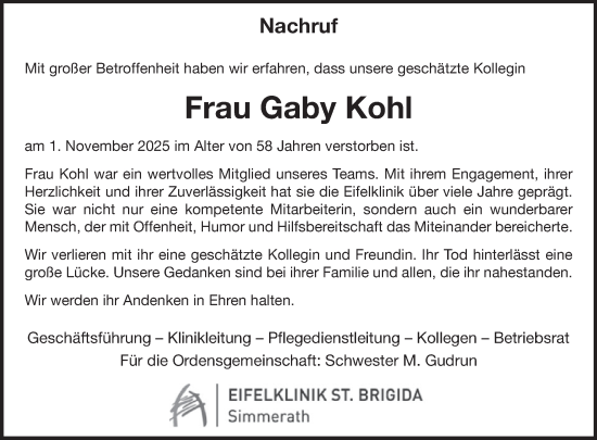 Traueranzeige von Gaby Kohl von WochenSpiegel