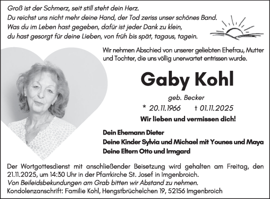 Traueranzeige von Gaby Kohl von WochenSpiegel
