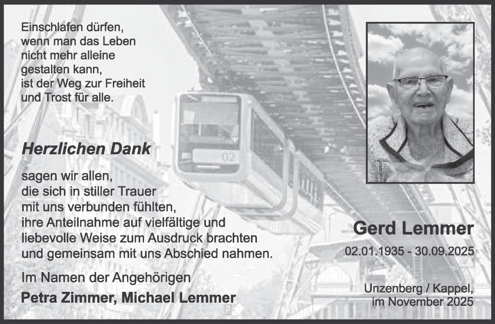  Traueranzeige für Gerd Lemmer vom 08.11.2025 aus WochenSpiegel