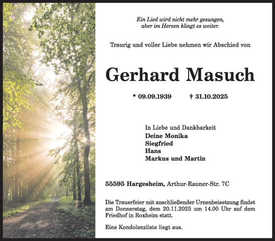 Traueranzeige von Gerhard Masuch von WochenSpiegel