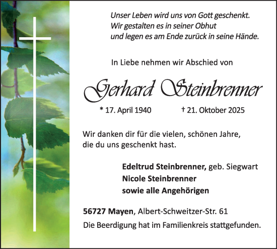 Traueranzeige von Gerhard Steinbrenner von WochenSpiegel