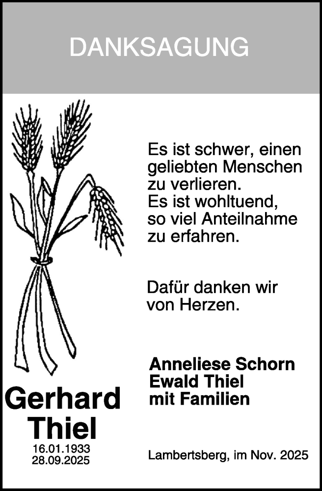  Traueranzeige für Gerhard Thiel vom 07.11.2025 aus WochenSpiegel