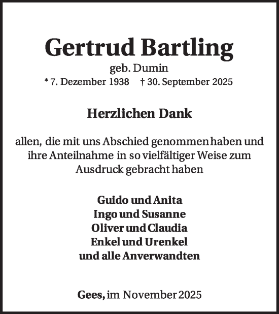Traueranzeige von Gertrud Bartling von WochenSpiegel