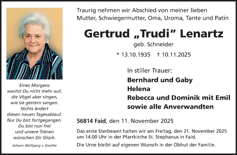  Traueranzeige für Gertrud Lenartz vom 19.11.2025 aus WochenSpiegel