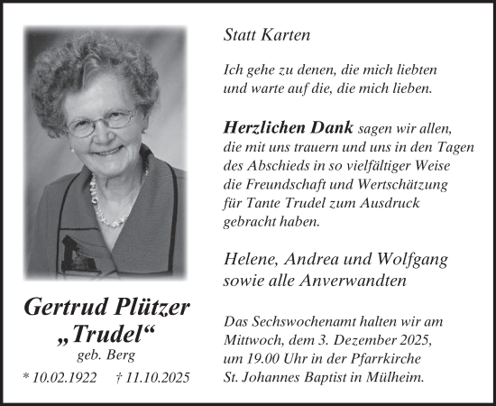 Traueranzeige von Gertrud Plützer von WochenSpiegel