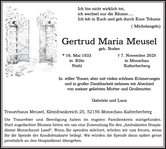 Traueranzeige von Gertrud Maria Meusel von WochenSpiegel