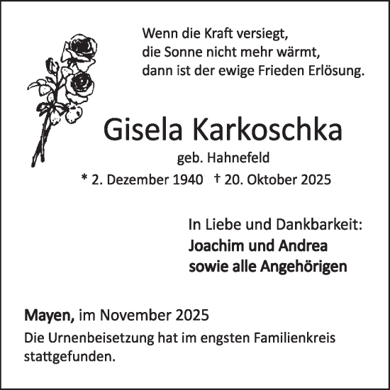 Traueranzeige von Gisela Karkoschka von WochenSpiegel