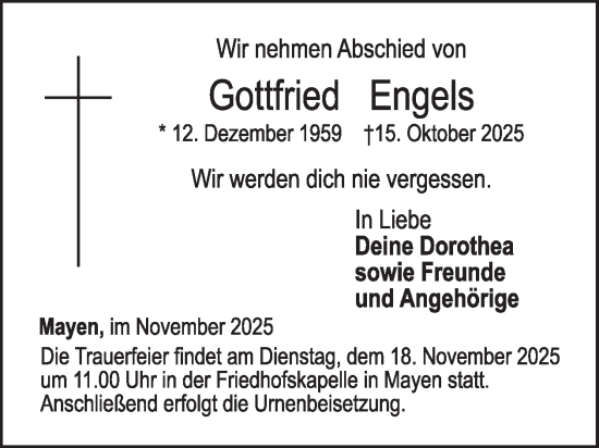 Traueranzeige von Gottfried Engels von WochenSpiegel