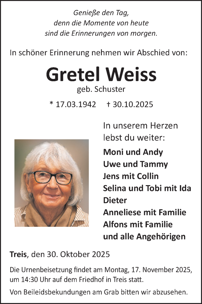  Traueranzeige für Gretel Weiss vom 12.11.2025 aus WochenSpiegel