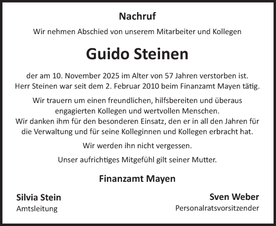 Traueranzeige von Guido Steinen von WochenSpiegel