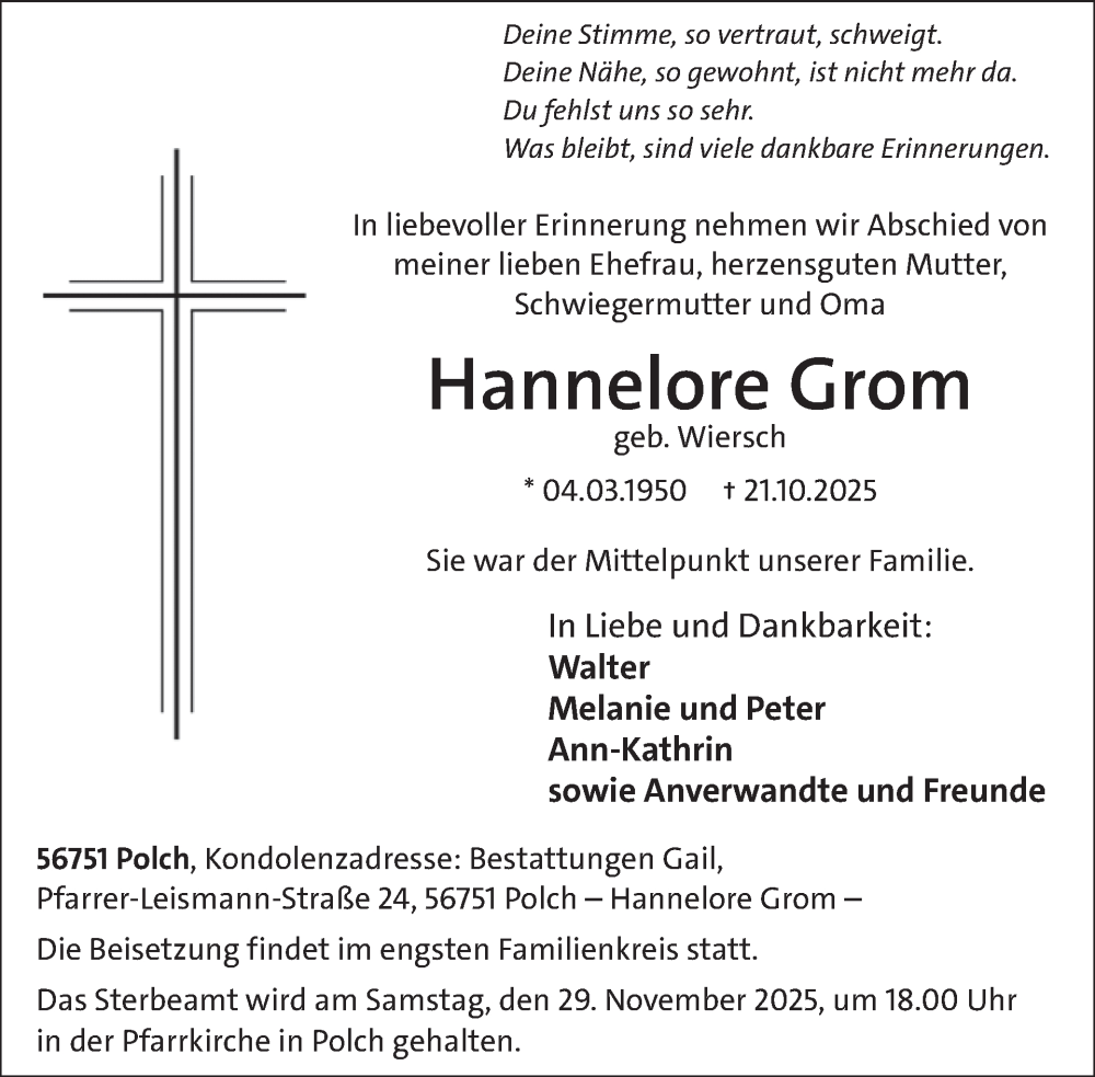  Traueranzeige für Hannelore Grom vom 26.11.2025 aus WochenSpiegel