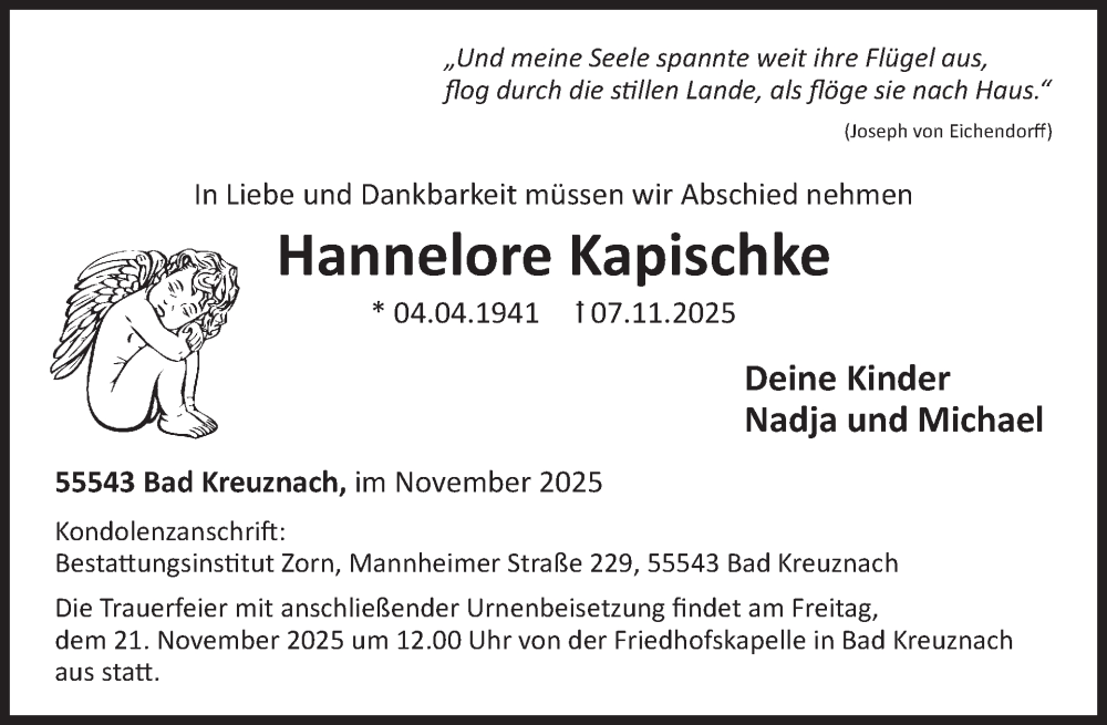  Traueranzeige für Hannelore Kapischke vom 15.11.2025 aus WochenSpiegel