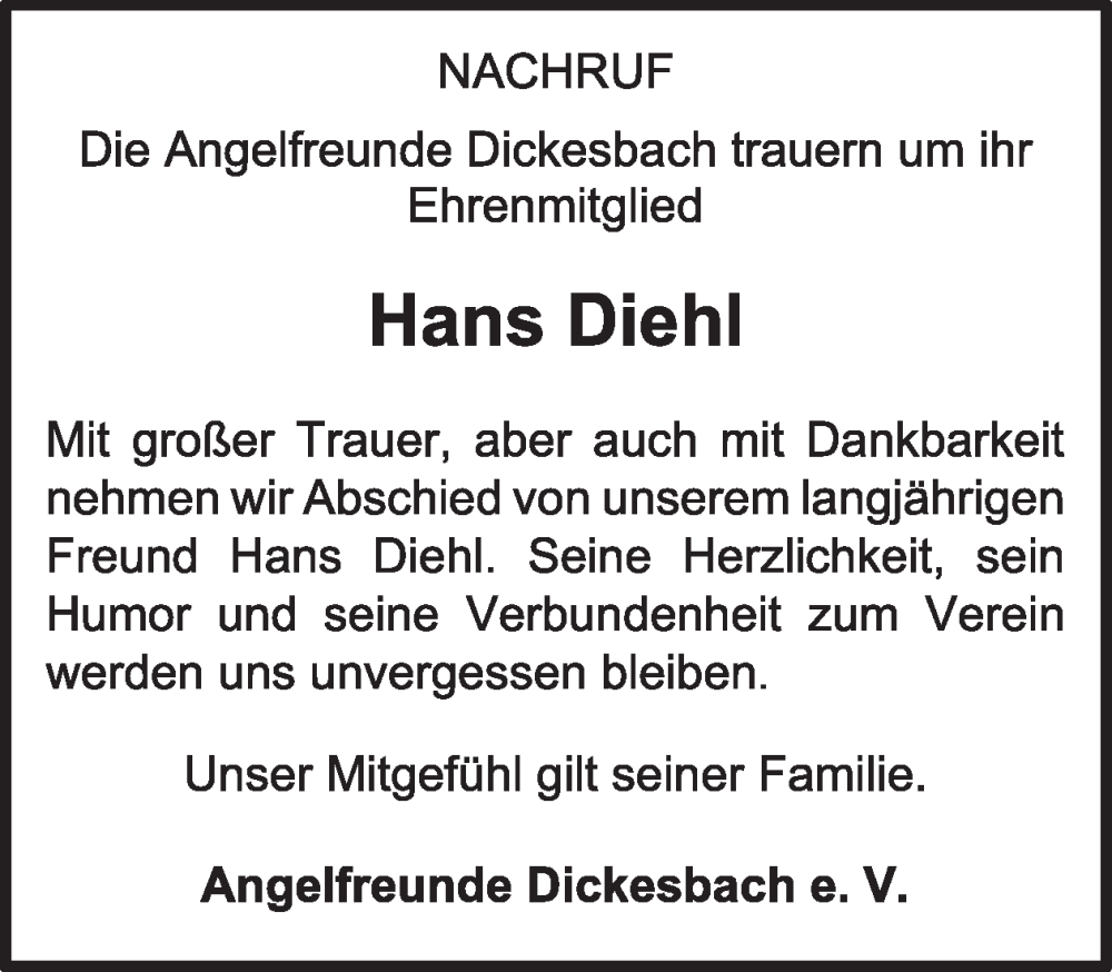 Traueranzeige für Hans Diehl vom 08.11.2025 aus WochenSpiegel