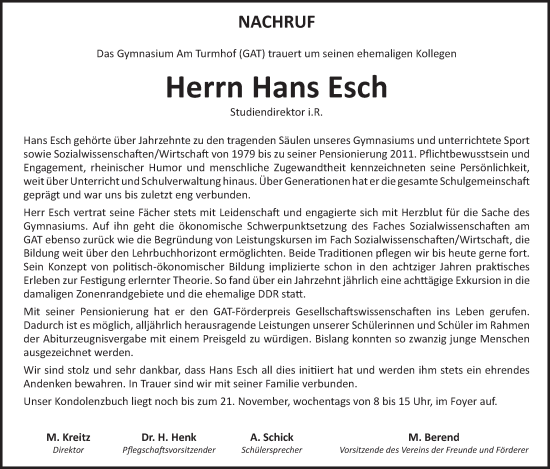 Traueranzeige von Hans Esch von WochenSpiegel