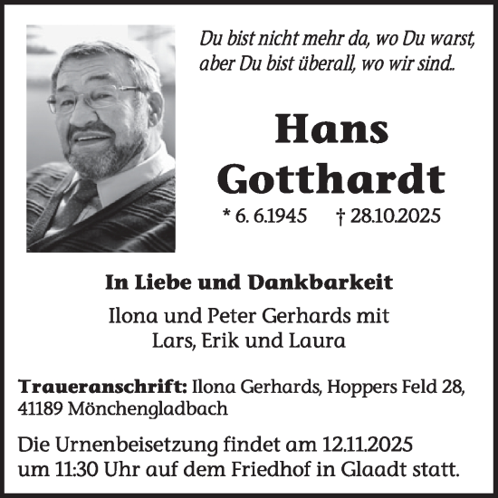 Traueranzeige von Hans Gotthardt von WochenSpiegel