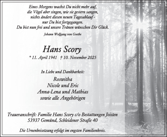 Traueranzeige von Hans Scory von WochenSpiegel