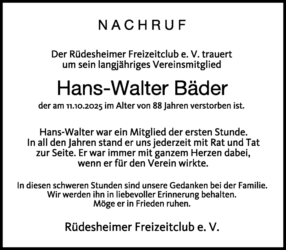  Traueranzeige für Hans-Walter Bäder vom 15.11.2025 aus WochenSpiegel