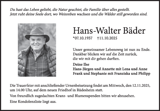 Traueranzeige von Hans-Walter Bäder von WochenSpiegel