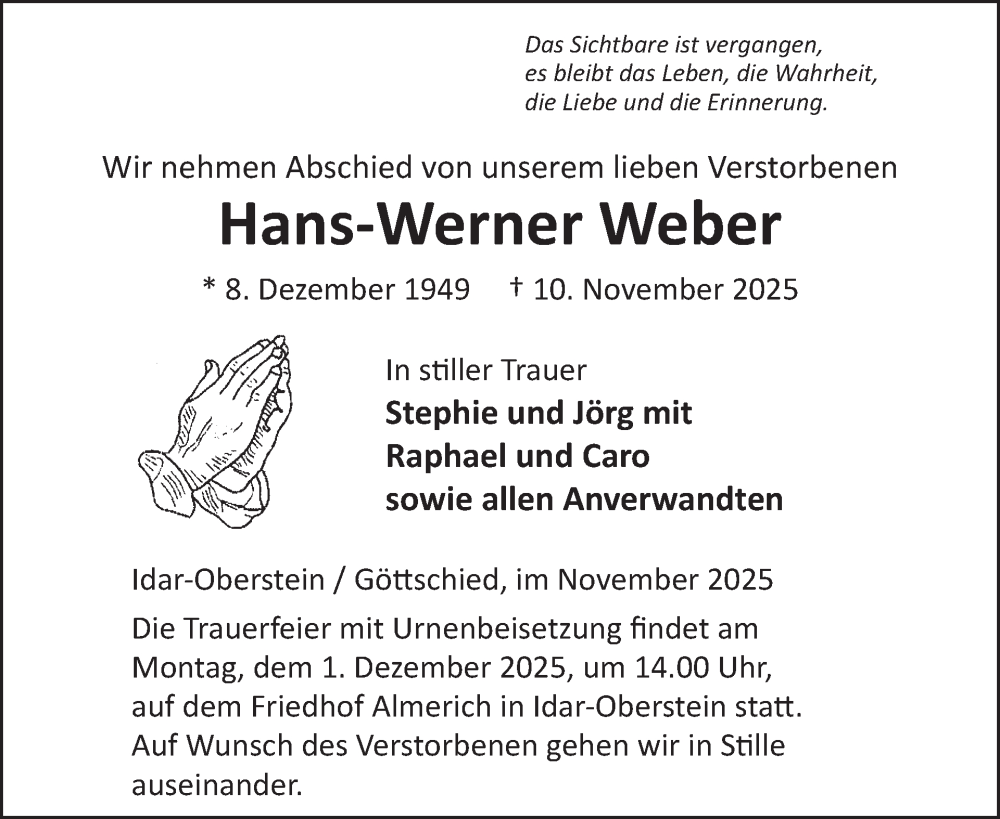  Traueranzeige für Hans-Werner Weber vom 22.11.2025 aus WochenSpiegel