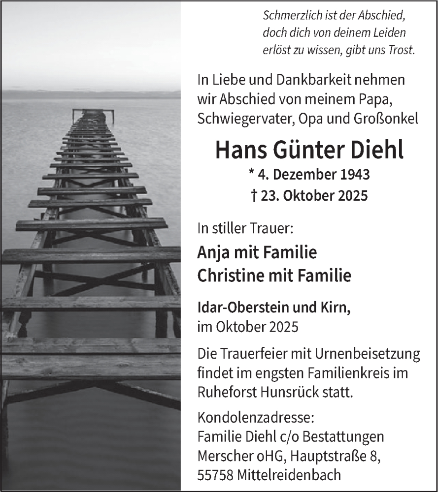  Traueranzeige für Hans Günter Diehl vom 08.11.2025 aus WochenSpiegel
