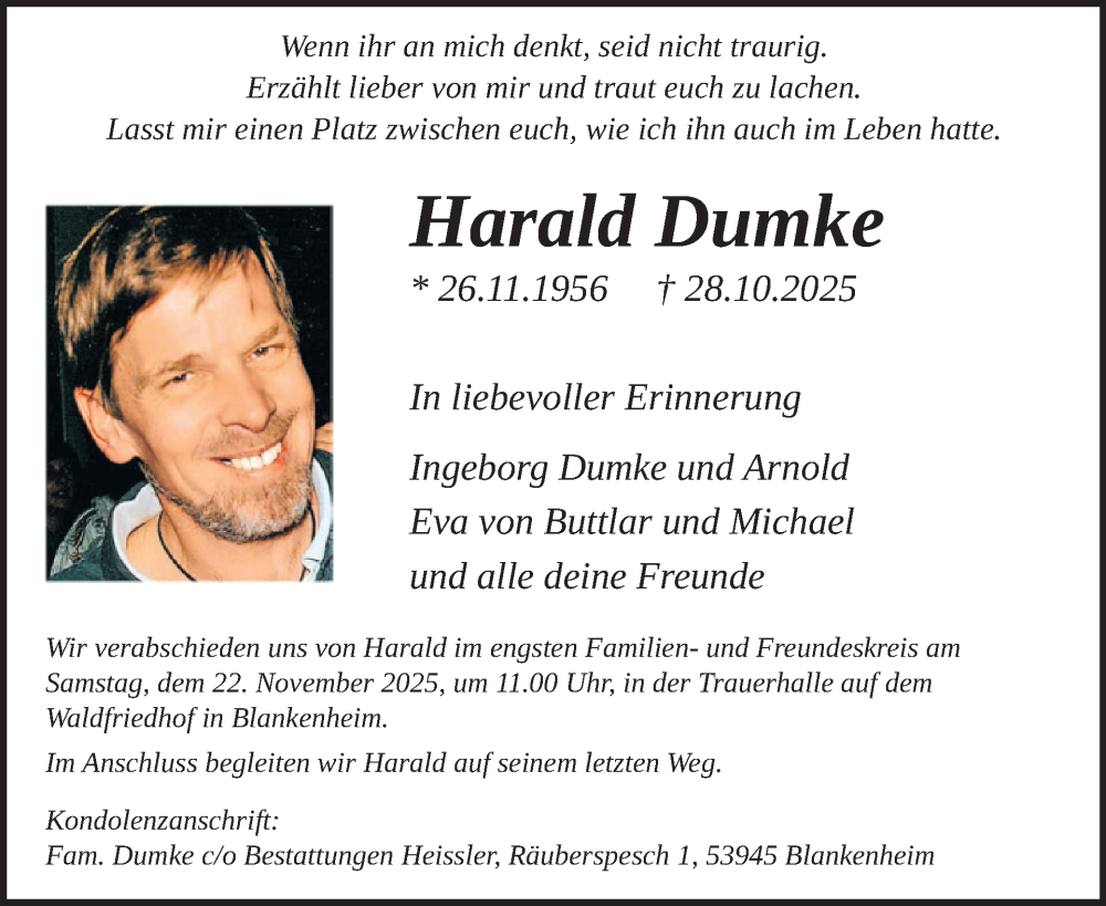  Traueranzeige für Harald Dumke vom 12.11.2025 aus WochenSpiegel