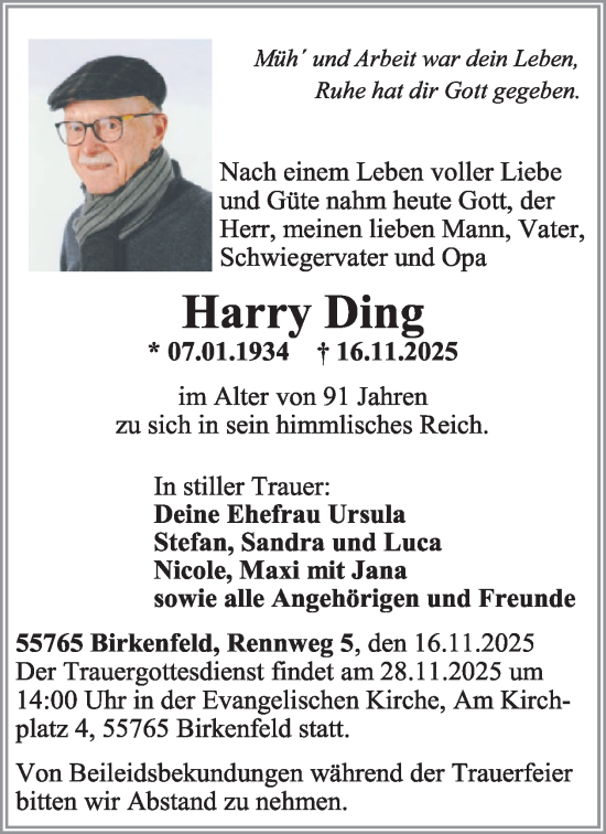 Traueranzeige von Harry Ding von WochenSpiegel