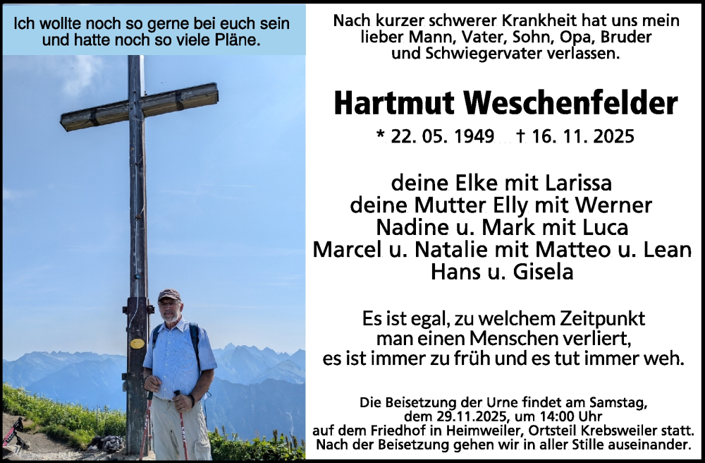  Traueranzeige für Hartmut Weschenfelder vom 22.11.2025 aus WochenSpiegel