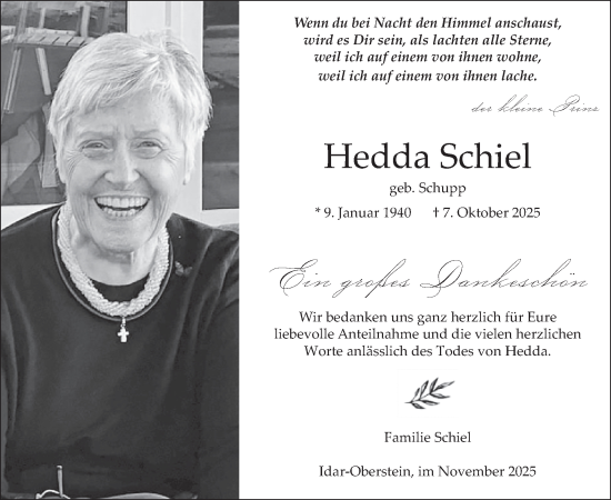 Traueranzeige von Hedda Schiel von WochenSpiegel