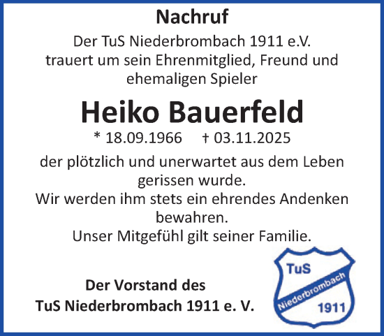 Traueranzeige von Heiko Bauerfeld von WochenSpiegel