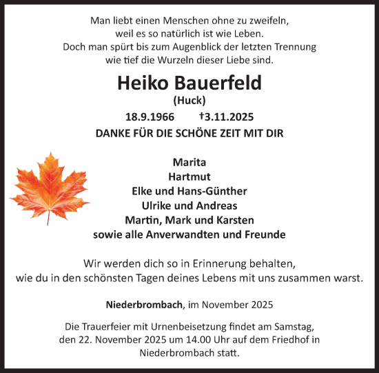 Traueranzeige von Heiko Bauerfeld von WochenSpiegel