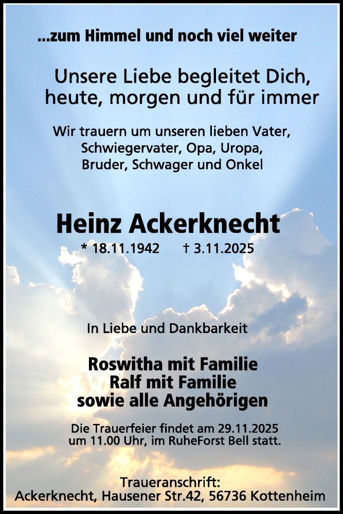  Traueranzeige für Heinz Ackerknecht vom 26.11.2025 aus WochenSpiegel