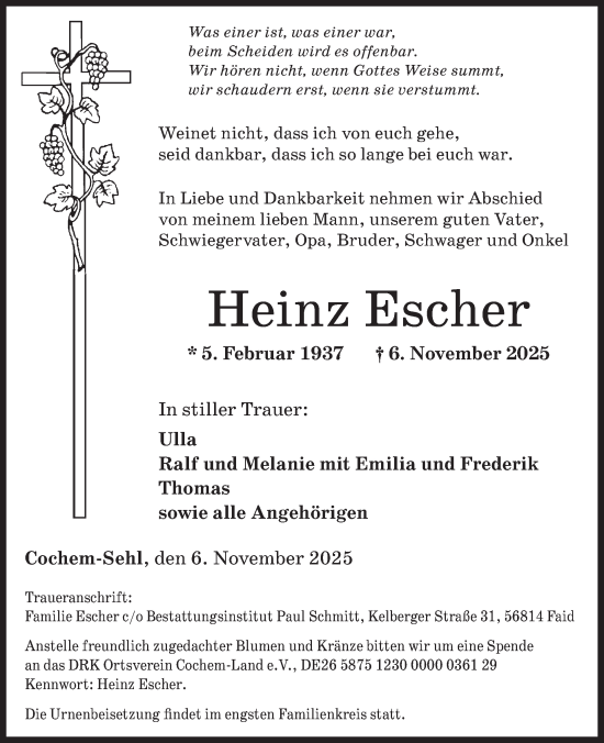 Traueranzeige von Heinz Escher von WochenSpiegel