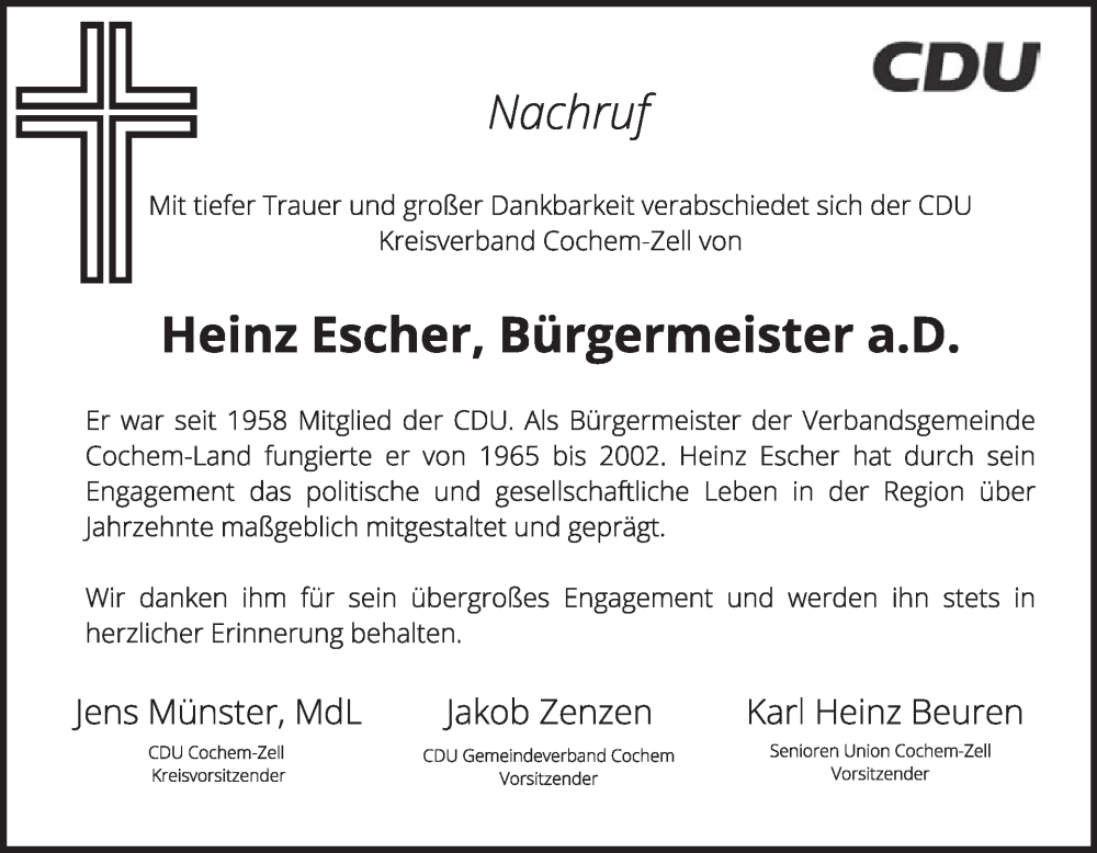  Traueranzeige für Heinz Escher vom 26.11.2025 aus WochenSpiegel